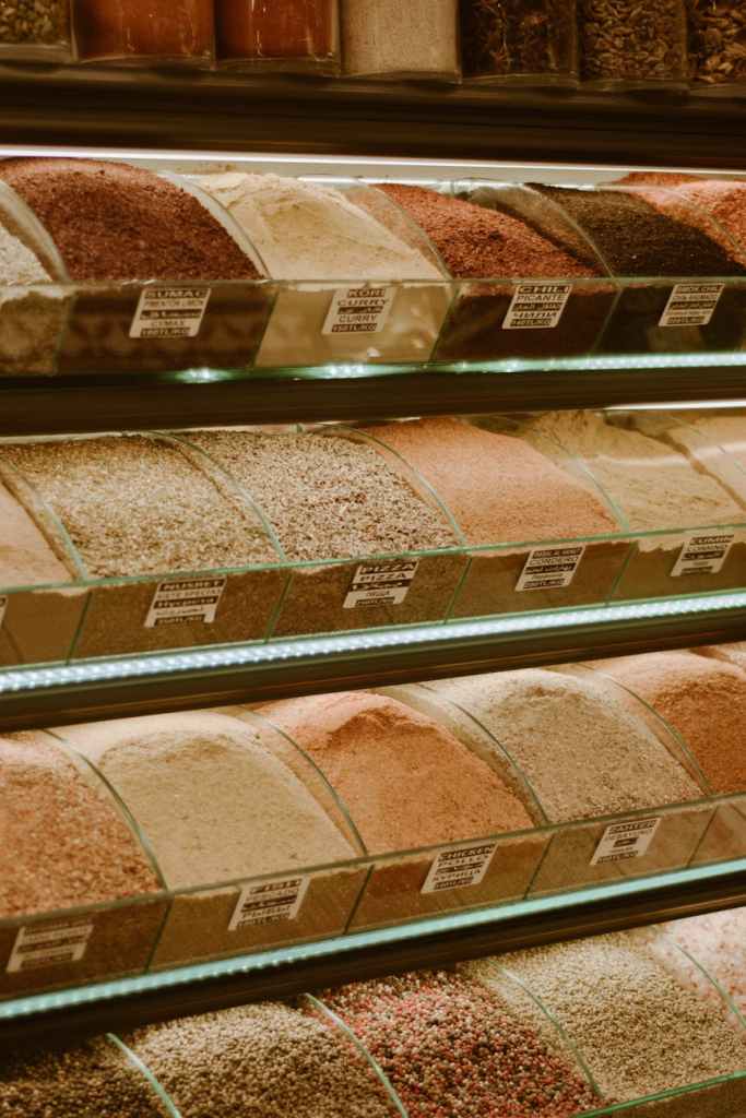 large variety of spices in a spice store